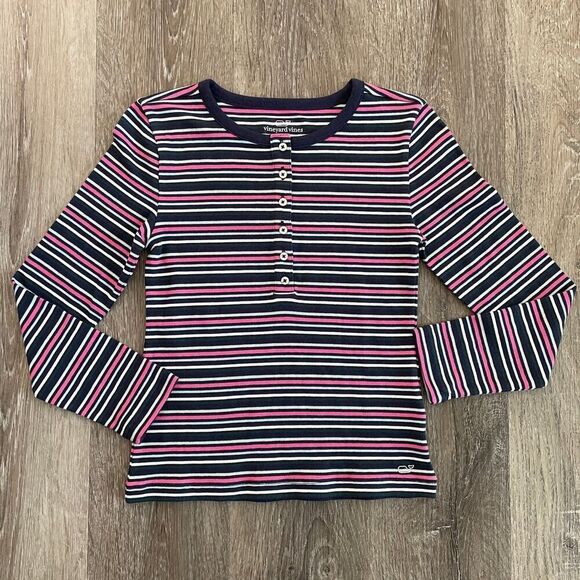 Vineyard Vines Girls Ribbed Stripe Henley Long Sleeve Top - Size: S (7-8) - Picture 1 of 5